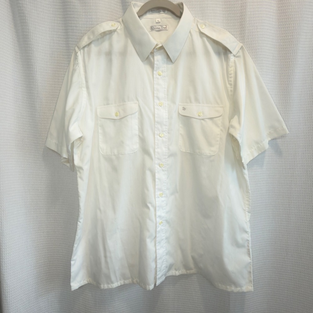 VTG Christian Dior Mens White Short Sleeve Button Down Shirt Epaulets XL RN13988